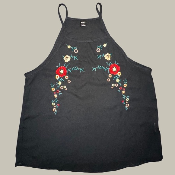 SHEIN Tops - Shein Black Floral Embroidered Halter Neck Cami Tank Top Womens Medium Boho